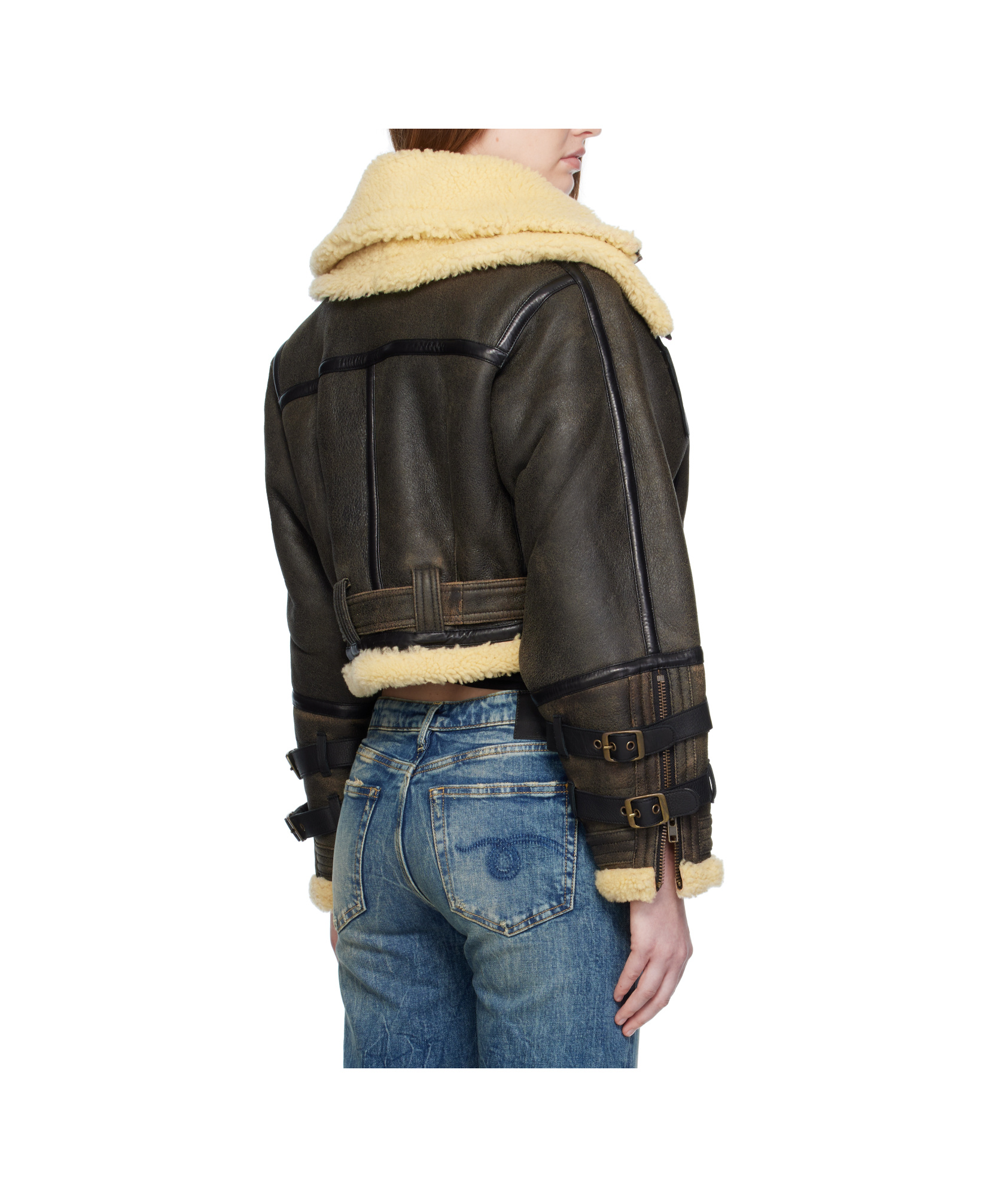 R13 Black Cropped Shearling Bomber Jacket In Black