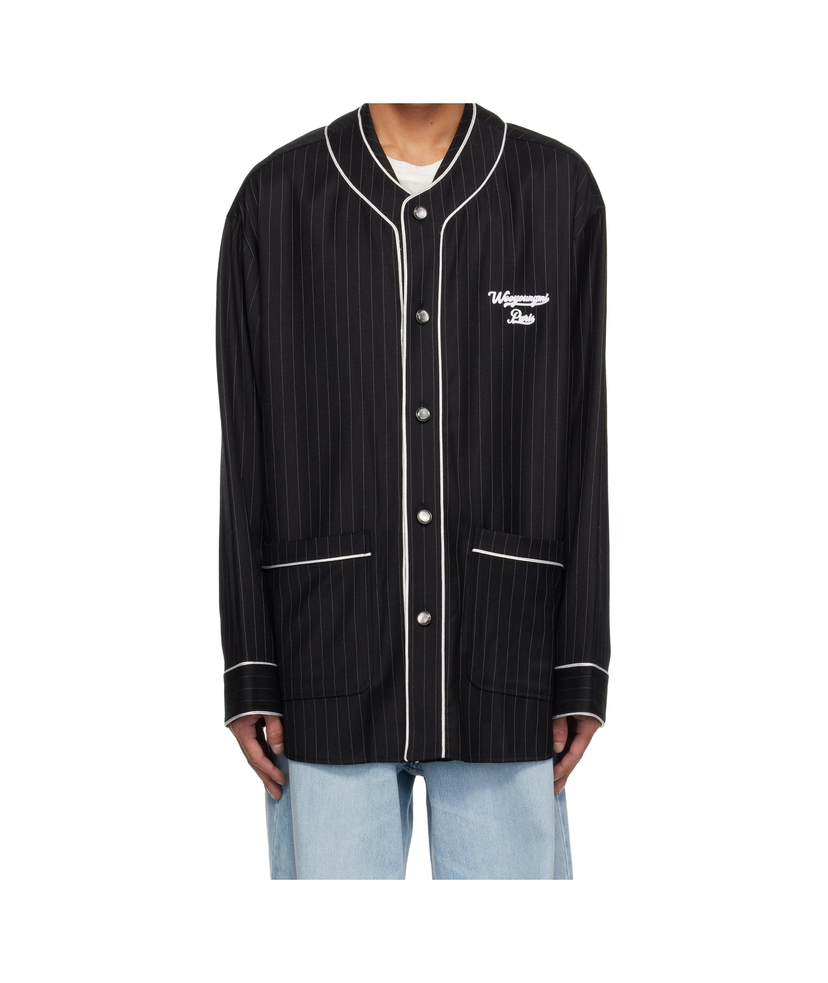Shop Wooyoungmi Wool Stripe Baseball Shirt In Black