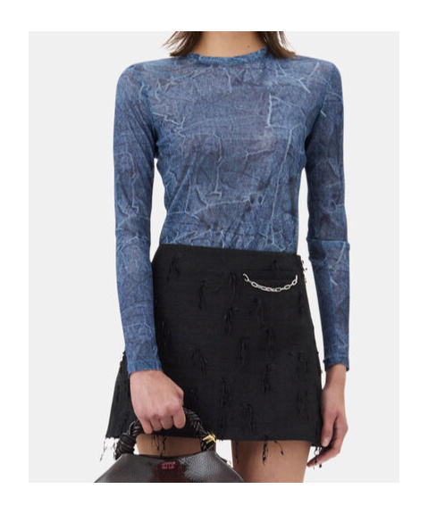 Ganni Marl Mesh Long Sleeve Crew Neck Blouse In Denim In Blue