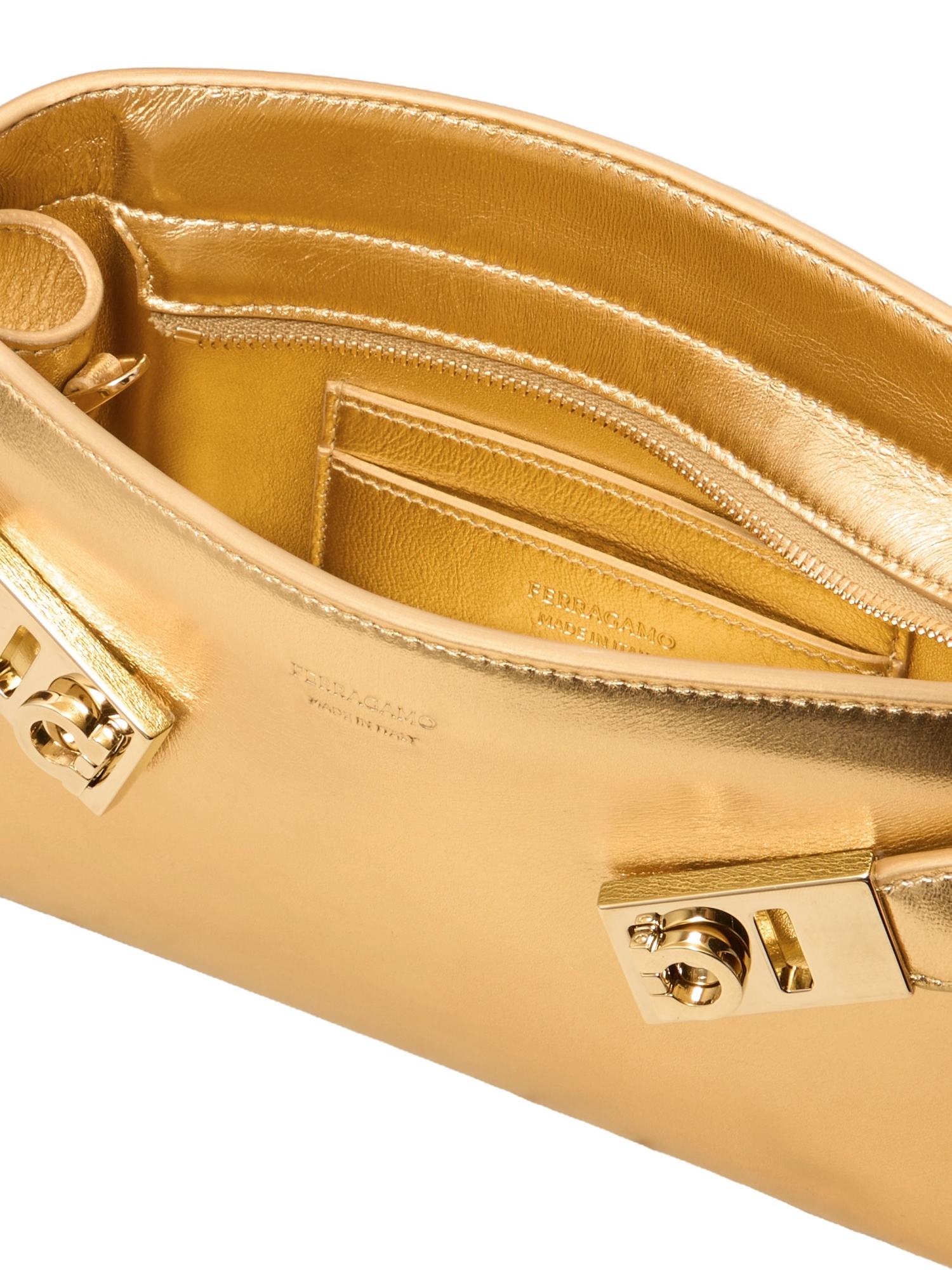 Ferragamo Hug Embellished Metallic Shoulder Bag In Golden