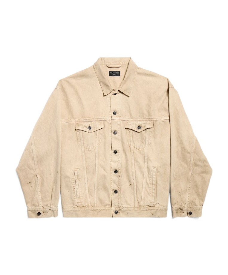 Balenciaga Beige Denim Jacket With Contrast Logo Embroidery In Gold