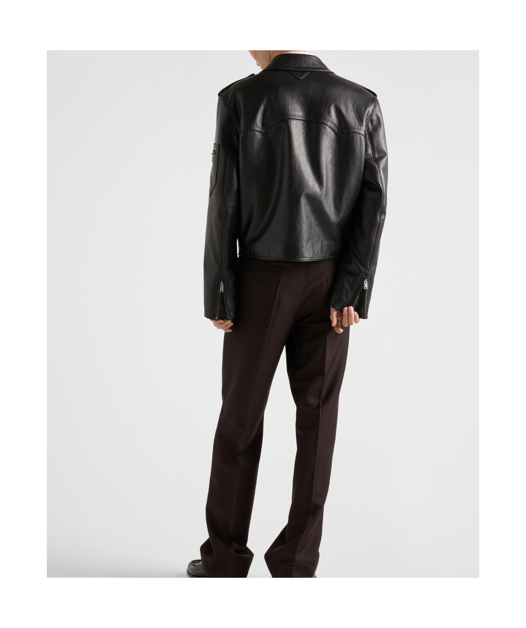 Prada Lapel Long-sleeved Leather Jacket In Black