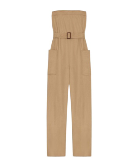 Shop Saint Laurent Strapless Belted Cotton Jumpsuit In Nude