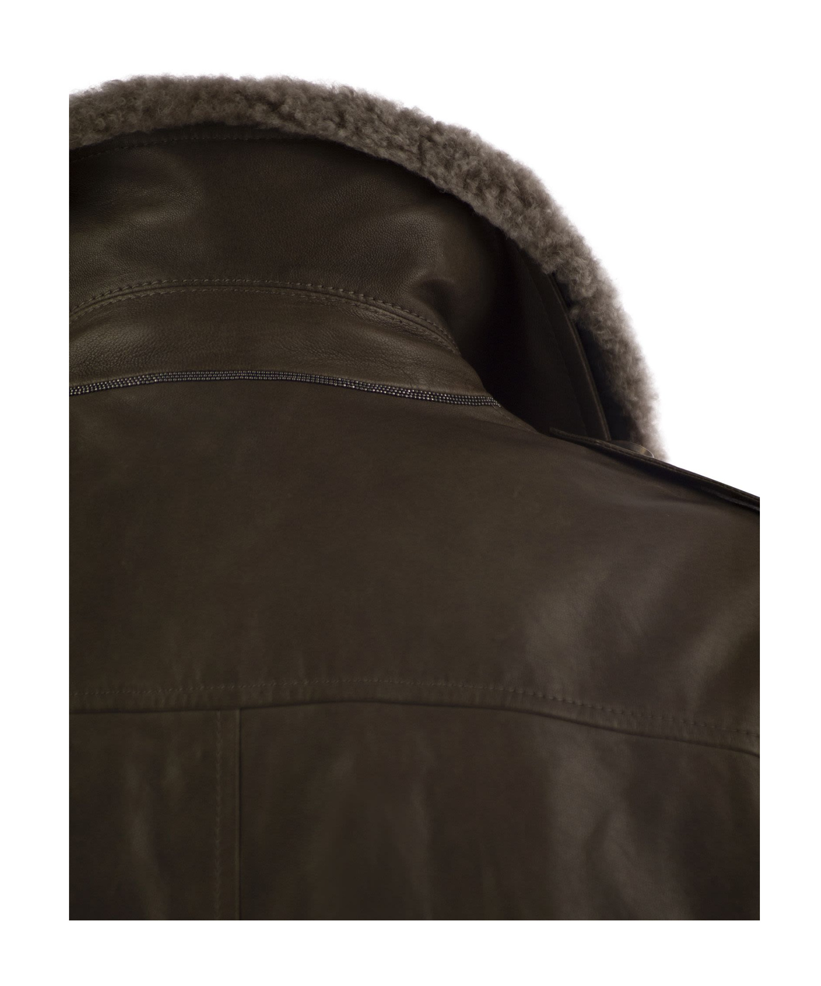 Brunello Cucinelli Women Leather Bomber Jacket And Shearling Collar In Brown