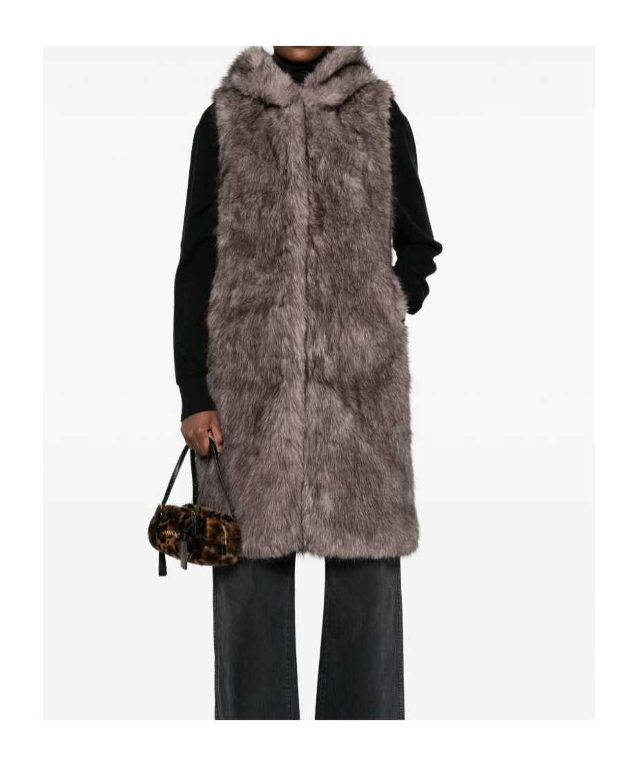 Betta Corradi Hooded Sleeveless Coat In Plush Faux Fur In Brown