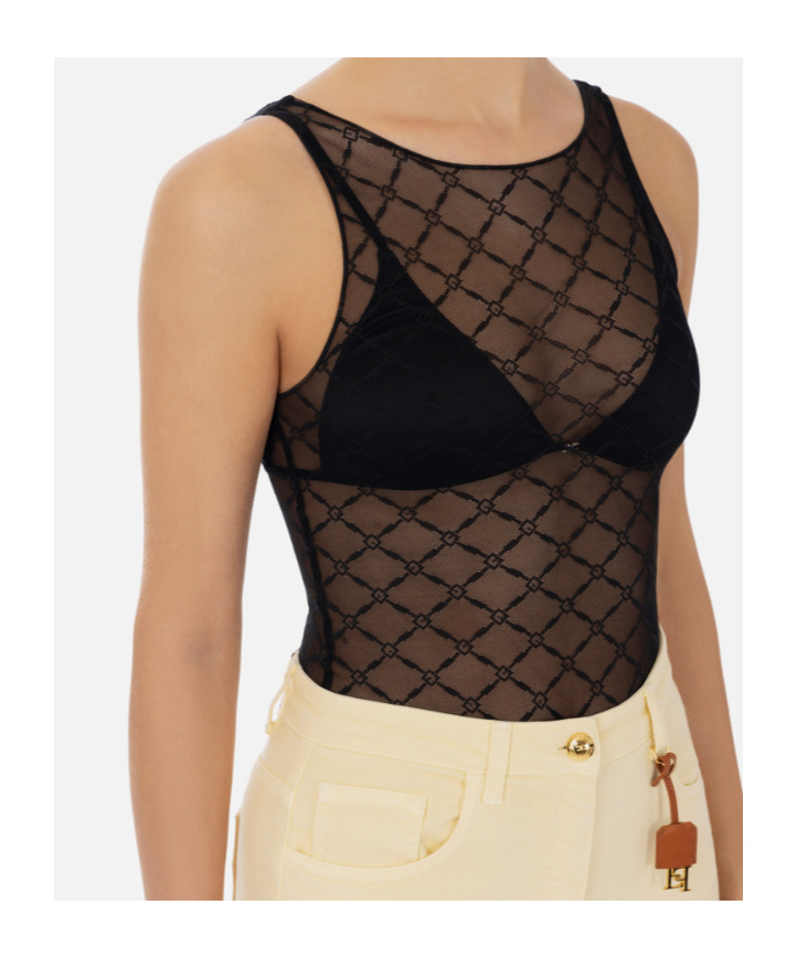 Elisabetta Franchi Sheer Patterned Tulle Bodysuit In Brown