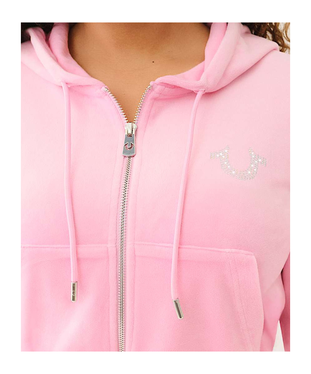 TRUE RELIGION VELOUR CRYSTAL SHRUNKEN ZIP HOODIE 