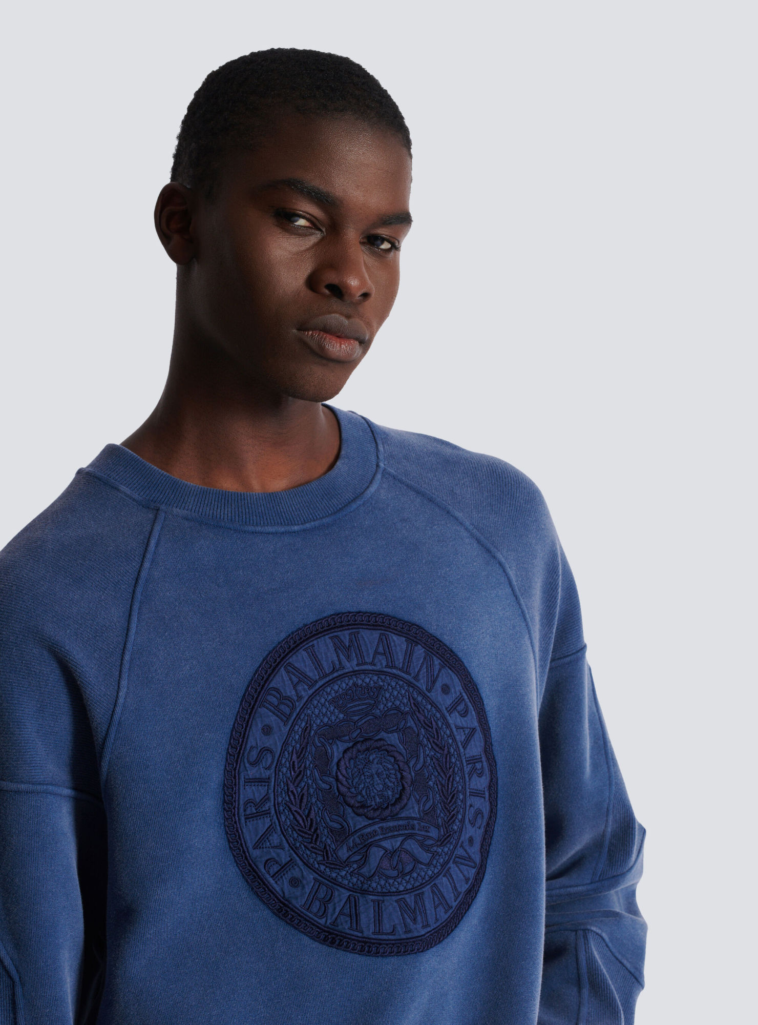 Balmain Coin Embroidered Crewneck Sweatshirt In Blue