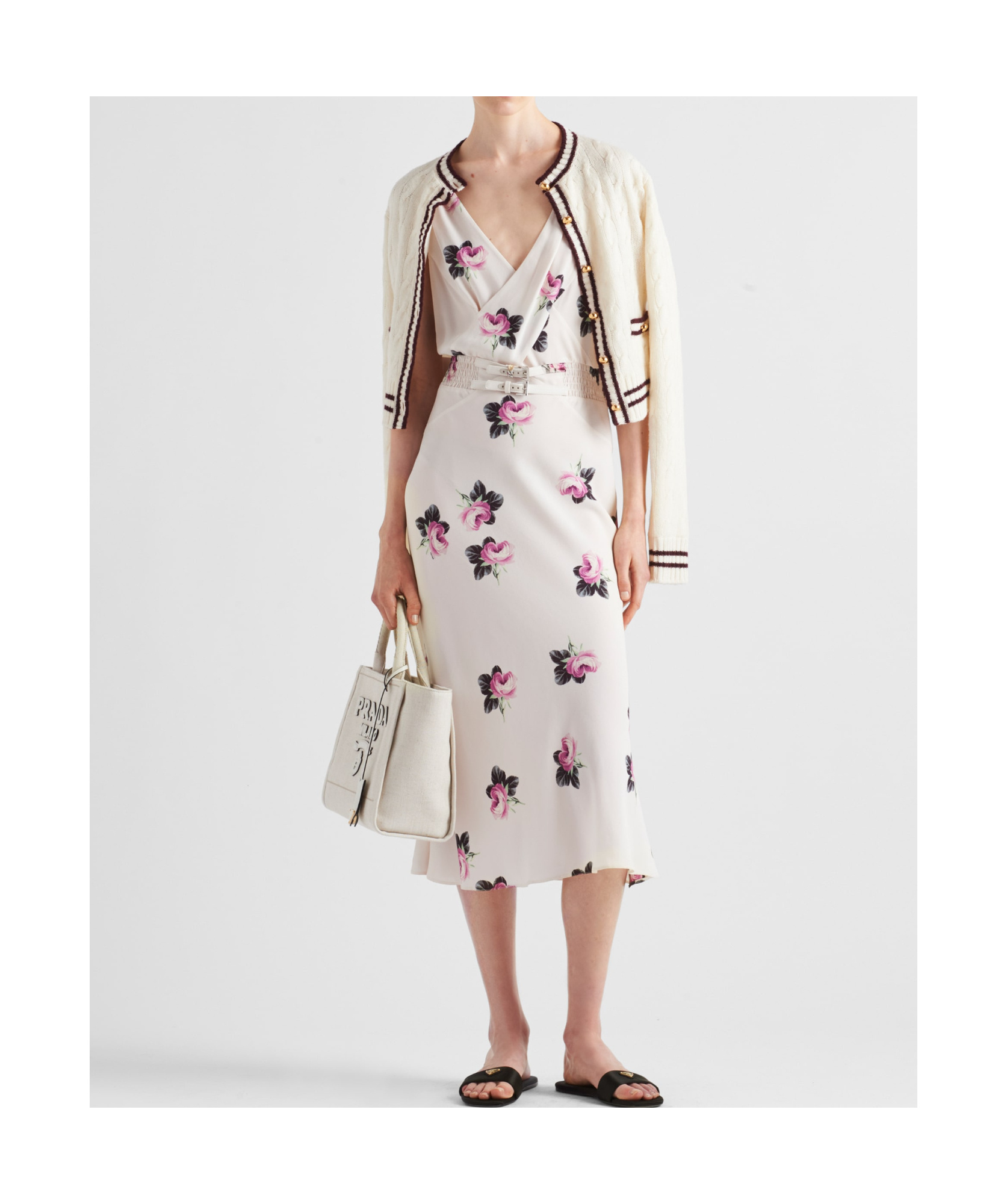 Prada Waist Belted Sleeveless V-neck Floral Backless In Nude