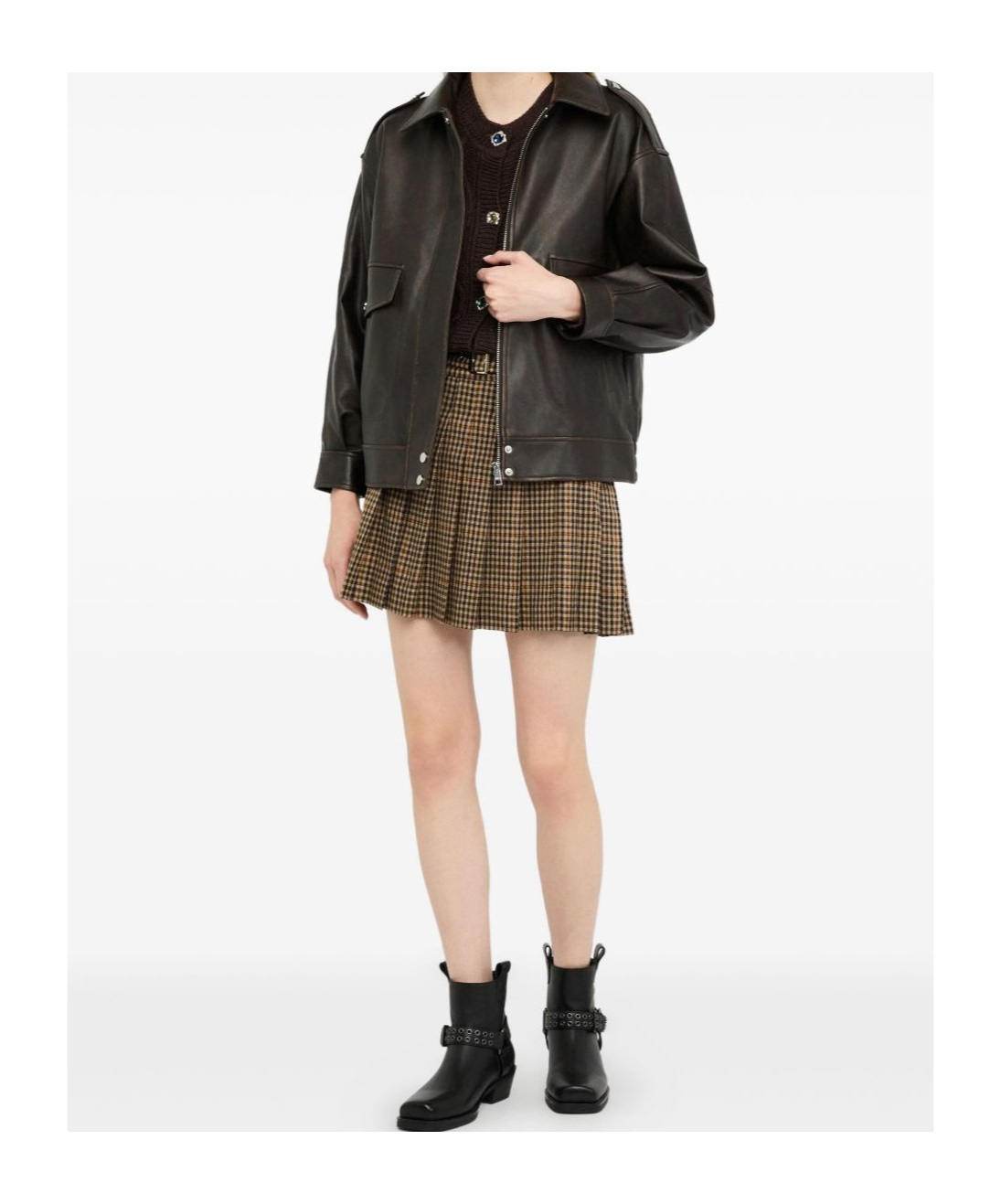 Liu •jo Pleated Checkered Mini Skirt With Decorative Belt In Brown
