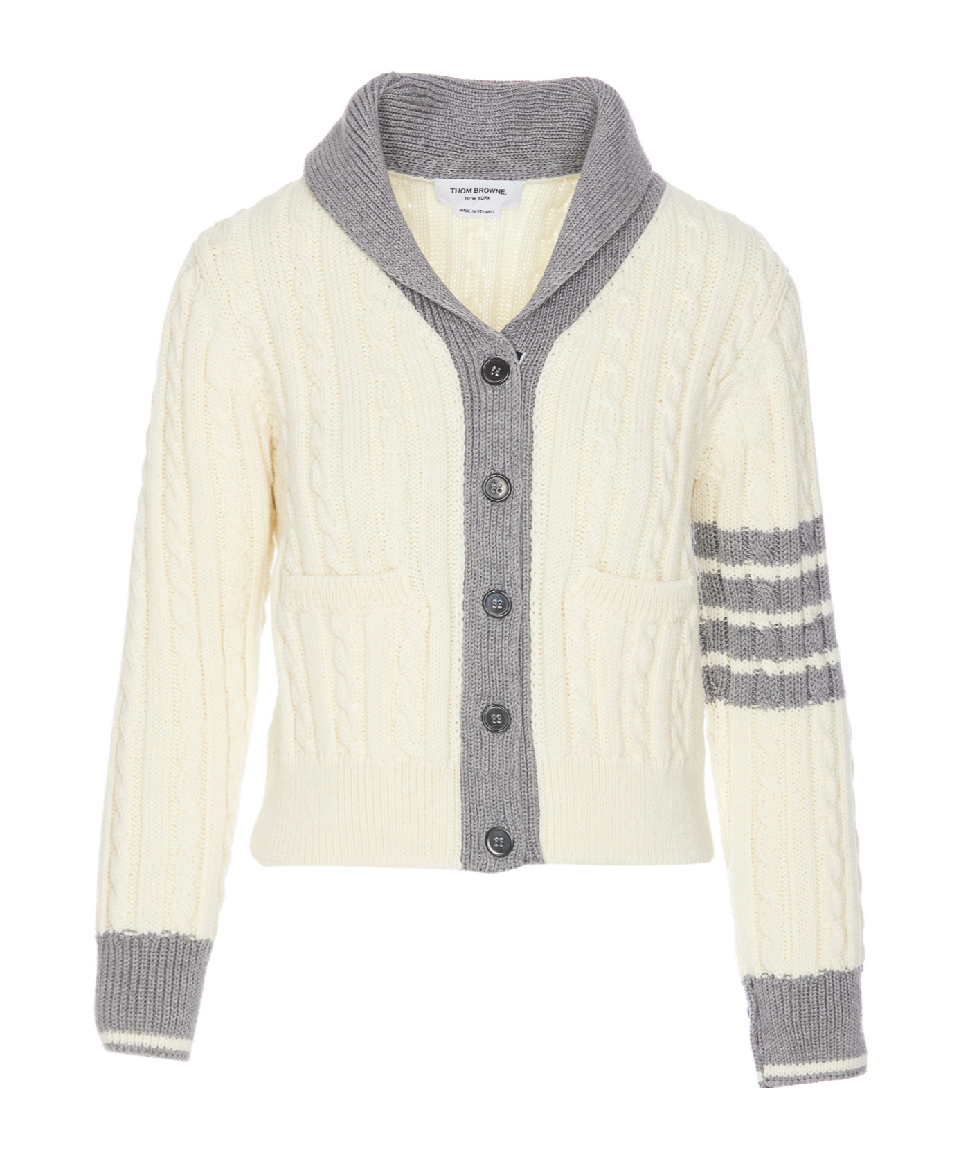 Thom Browne 4-bar Cable Knit Virgin Wool Shawl Cardigan In White
