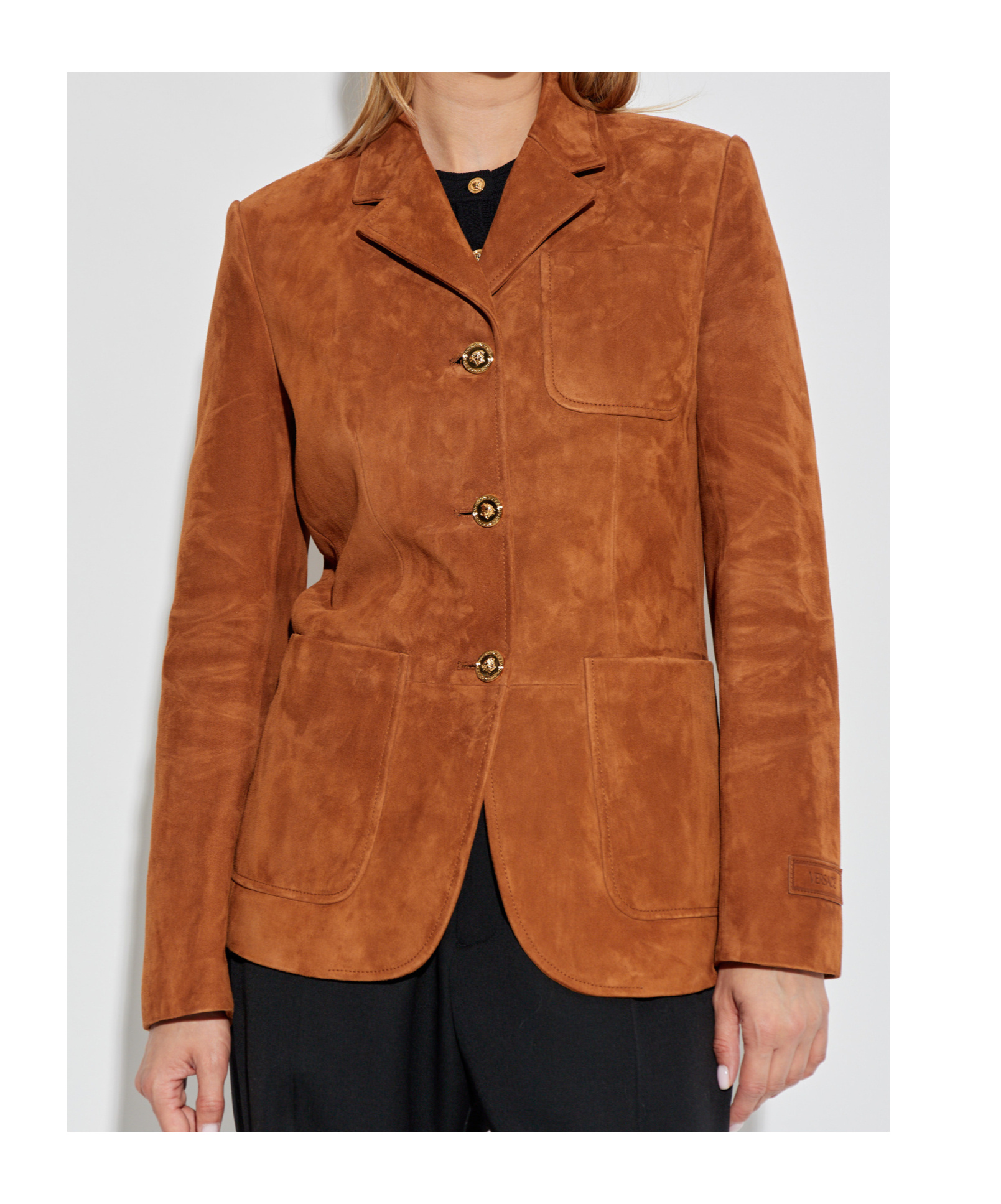Versace Long Sleeve Leather Jacket In Brown