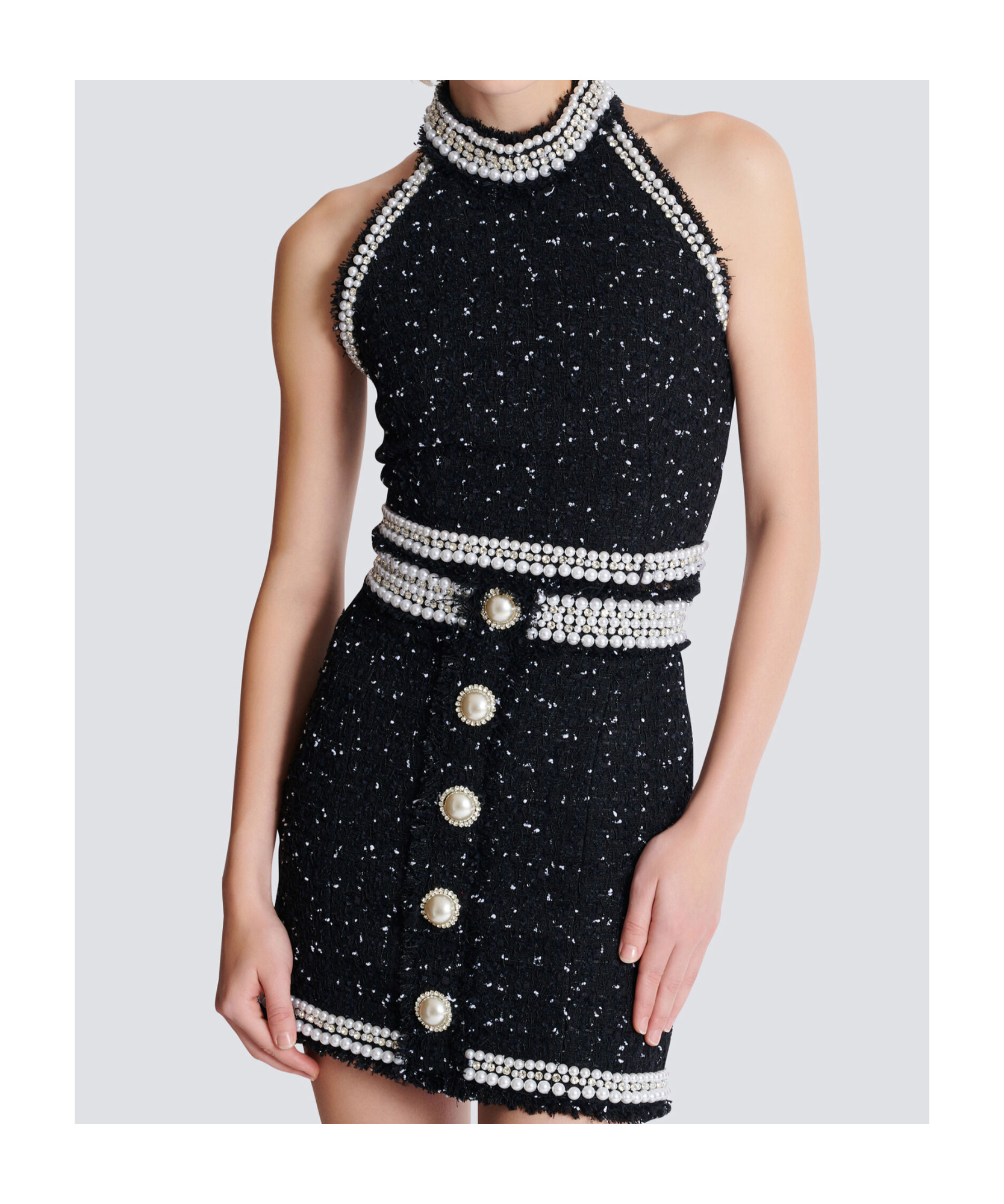 Balmain Halterneck Tweed Cropped Top In Black