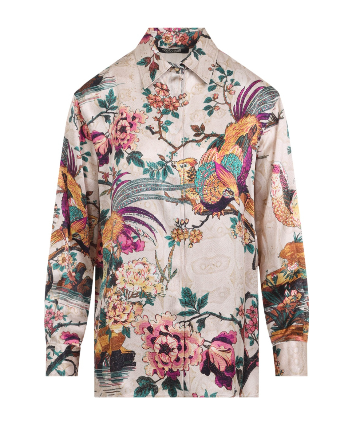 Roberto Cavalli Beige Silk Shirt With Multicolor Floral