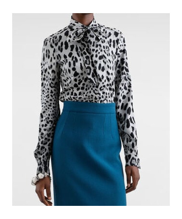 Dolce & Gabbana Leopard-print Charmeuse Shirt With Pussy-bow In Gray