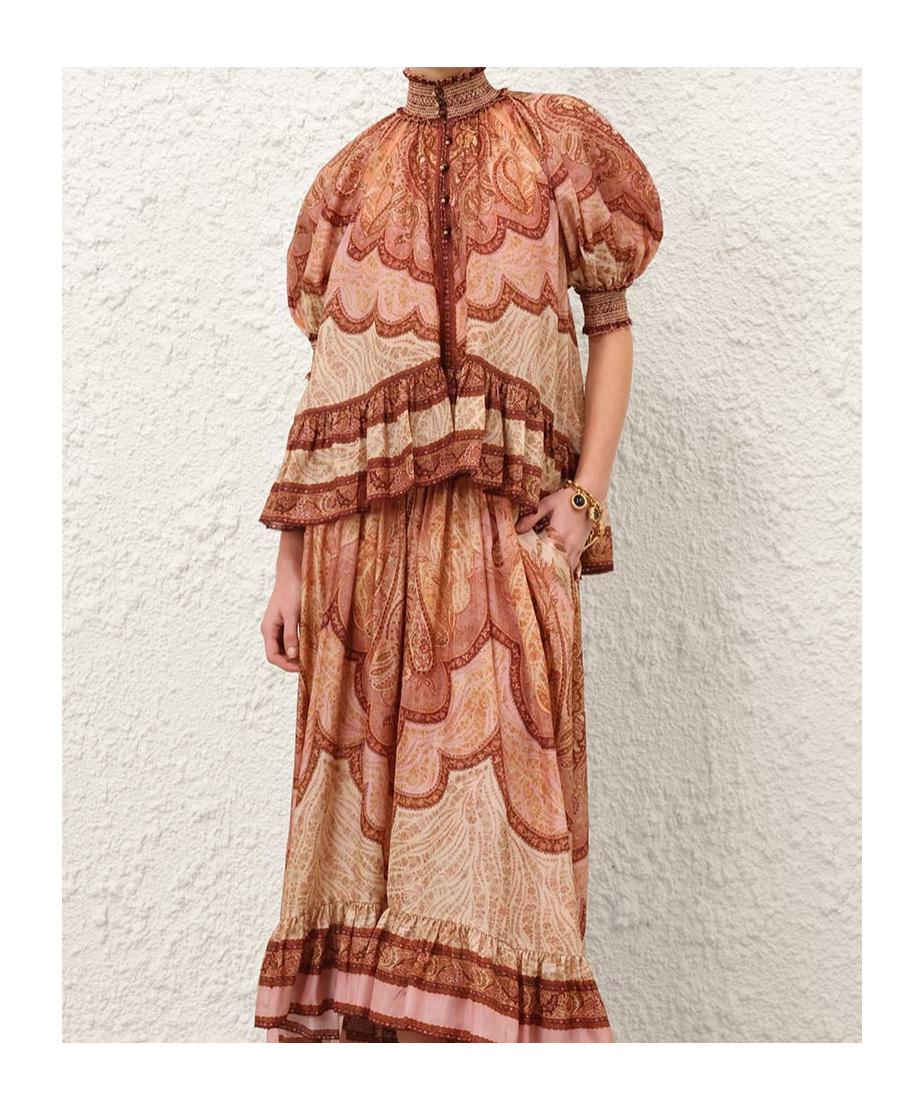 Zimmermann Tapestry-print Burgundy Silk Habotai Wanderlust Blouse In Brown
