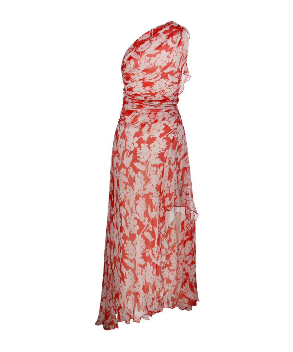 Victoria Beckham Floral Print One-shoulder Draped Midi Dress In Nude
