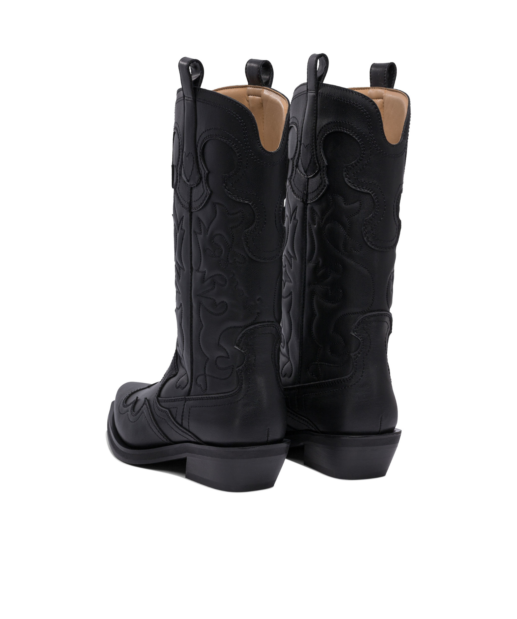 Ganni Black Mid Shaft Embroidered Western Boots In Black