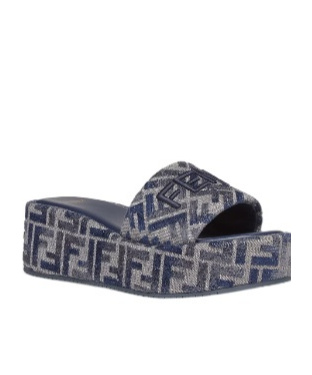 FENDI BLUE FF DENIM FLATFORM SLIDES