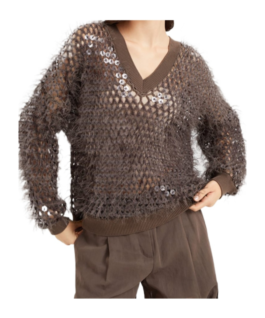 Brunello Cucinelli Chocolate Mesh Top With Sequins In Chocolate-colored