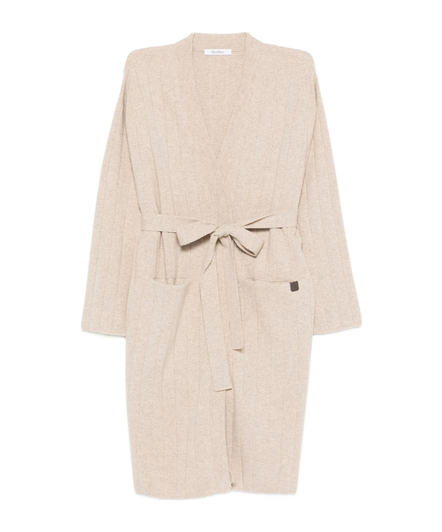 Max Mara Cashmere Cardigan With Belted Waist And Pockets In Neutral