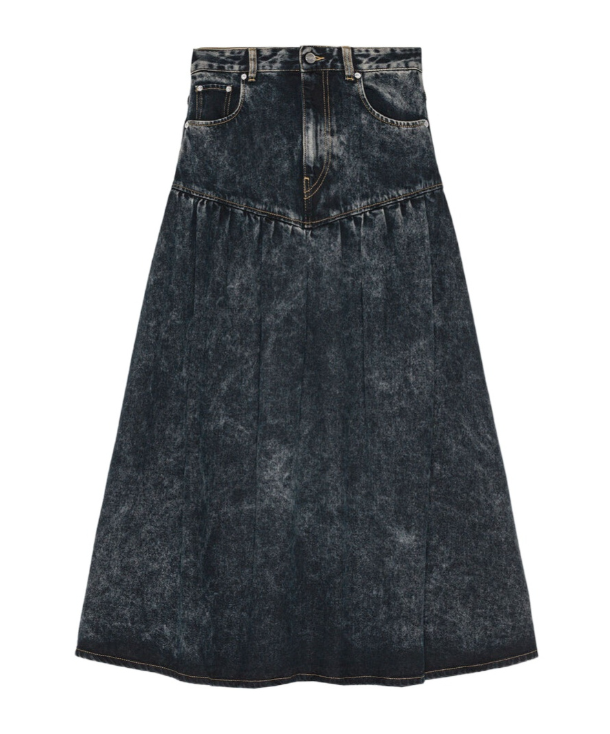 Ganni Black Washed Denim Long Skirt In Black