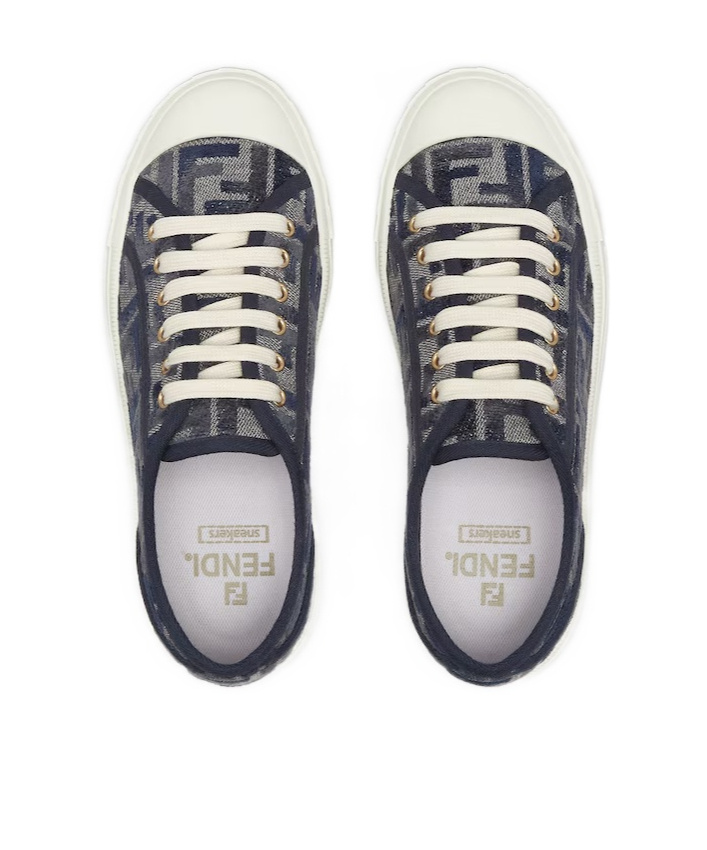 Fendi Low Top Denim Sneakers With Chenille Pattern In White