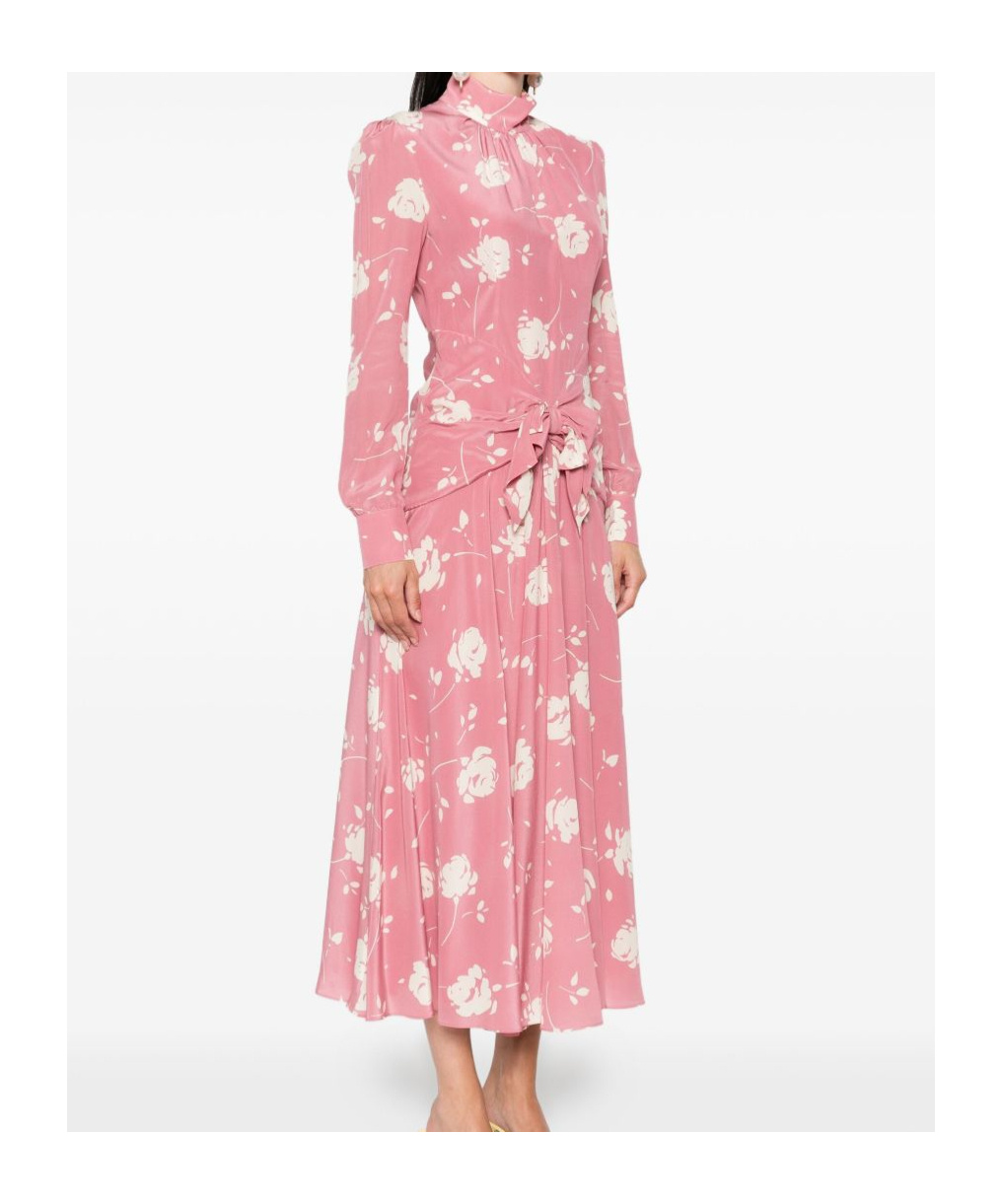 Alessandra Rich Bow-embellished Gathered Floral-print Silk-georgette Midi Dress In Pink