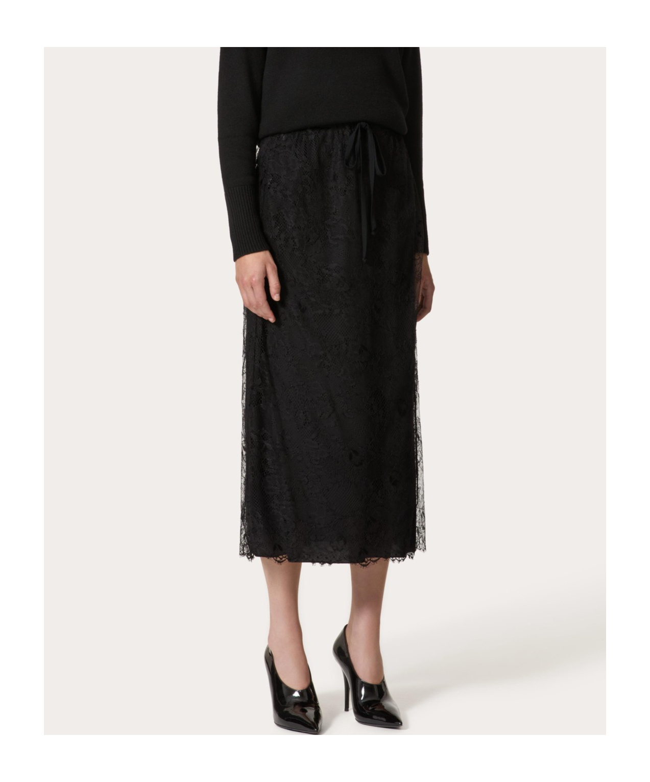 Valentino Lace-detail Midi Skirt In Black