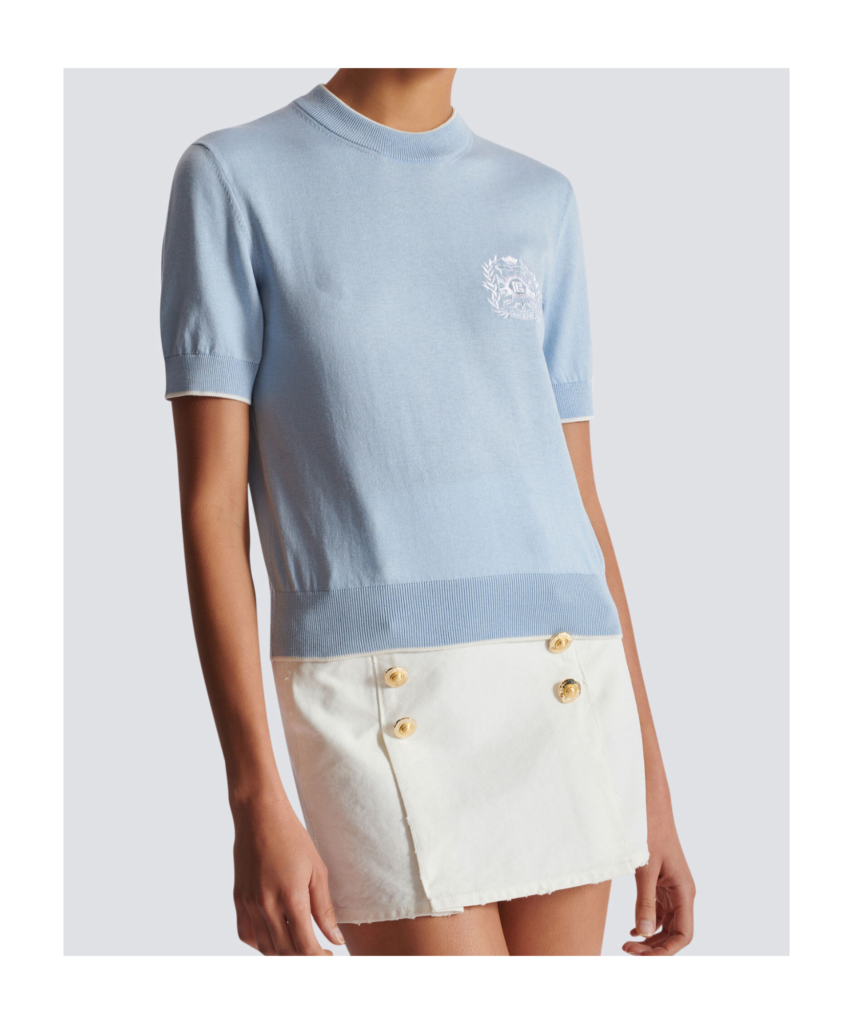 Balmain Knit Crewneck With Short Sleeves And Striped Tipping In Blue