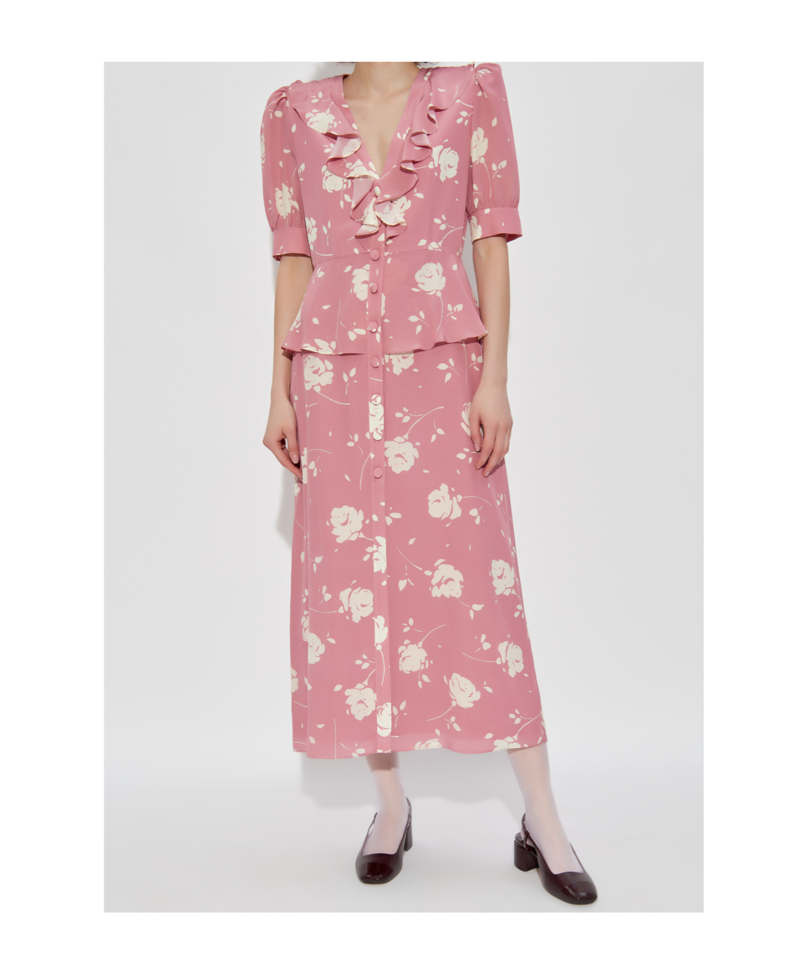 Alessandra Rich Floral Ruffled Silk Midi Dress In Pink