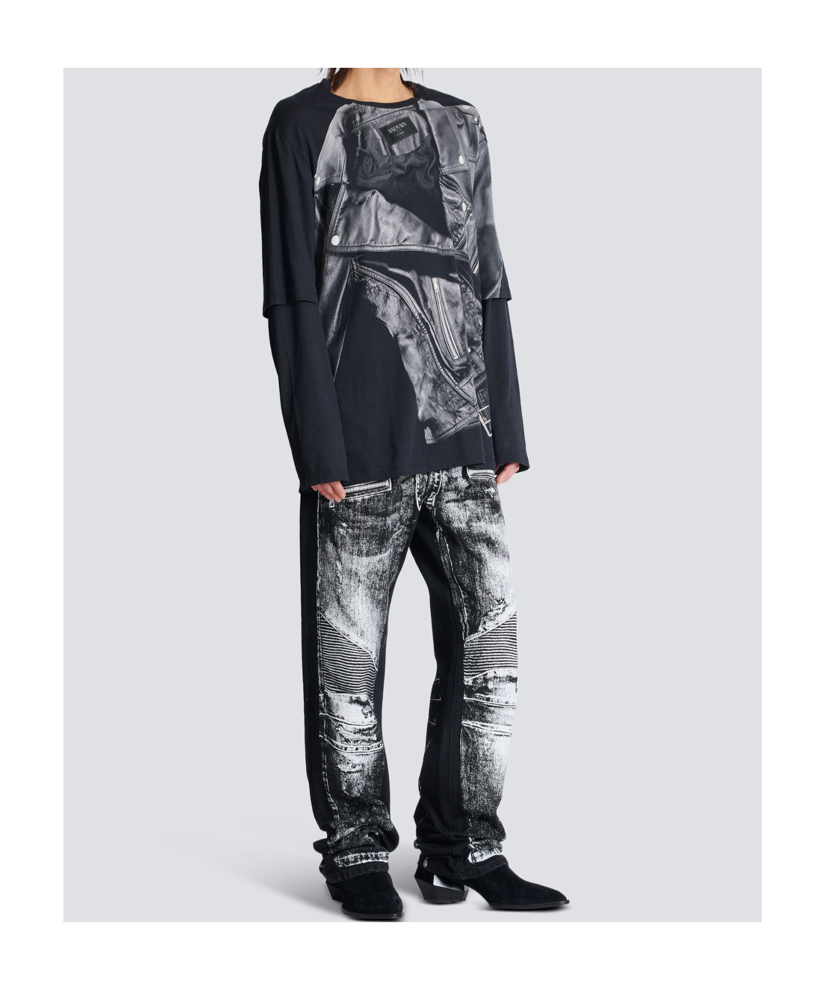 Balmain Motorcycle Jacket Printed Long-sleeved T-shirt In Black