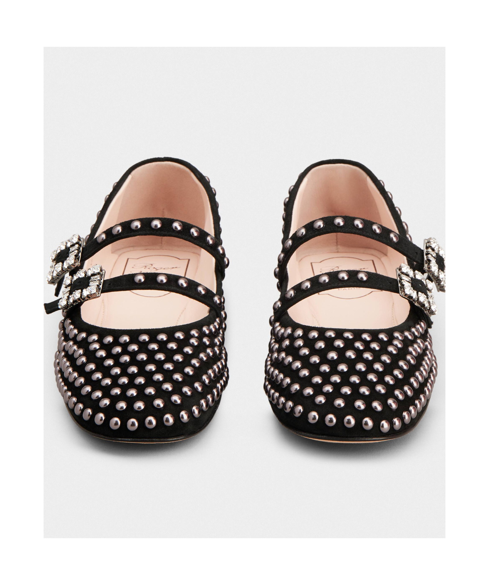 Roger Vivier Stud Embellished Buckle Strap Flat Shoes In Black