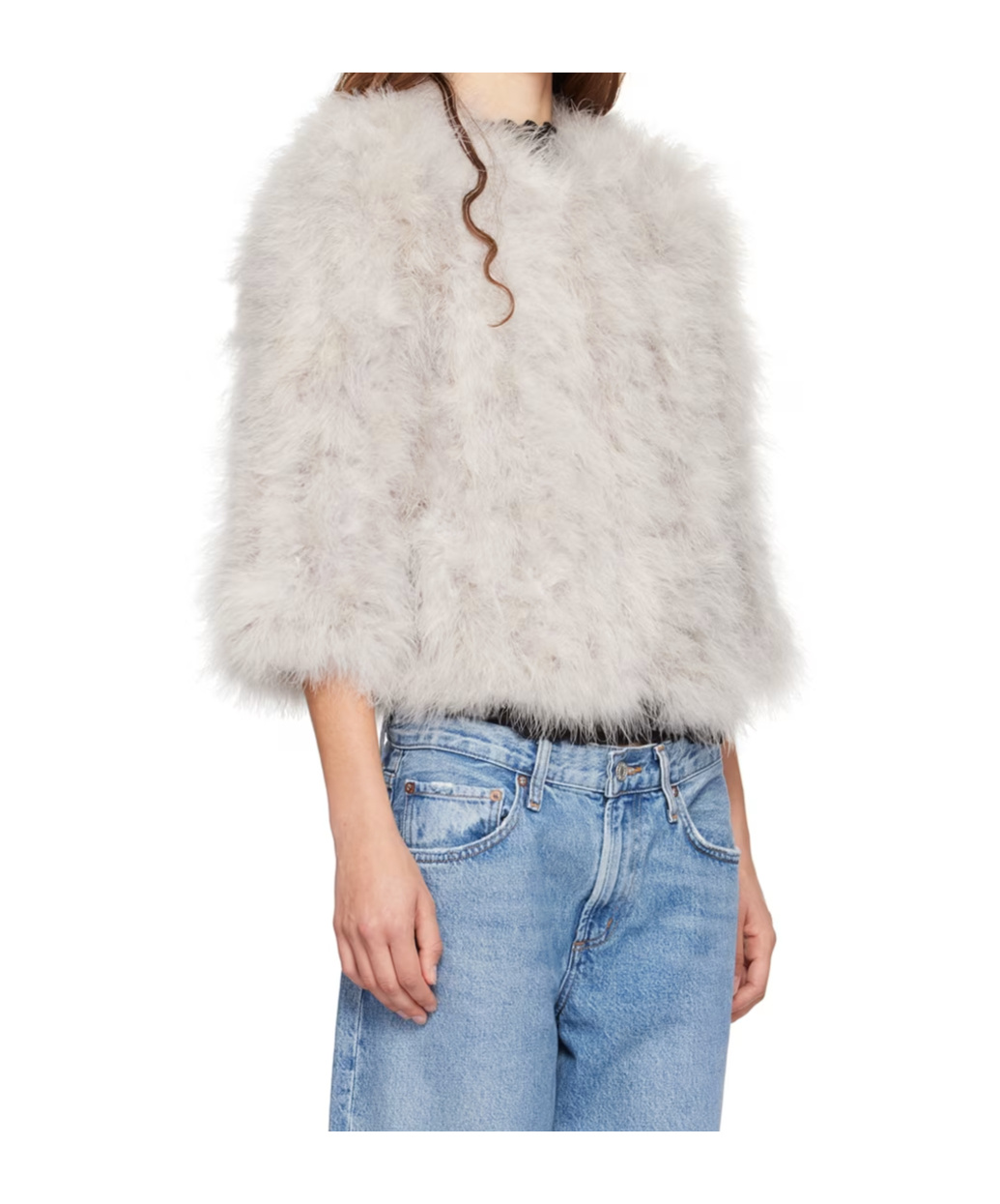 Yves Salomon Gray Cropped Feather Jacket In White