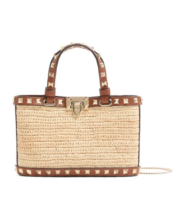 Valentino Garavani Mini Rockstud Raffia Tote Bag In Brown
