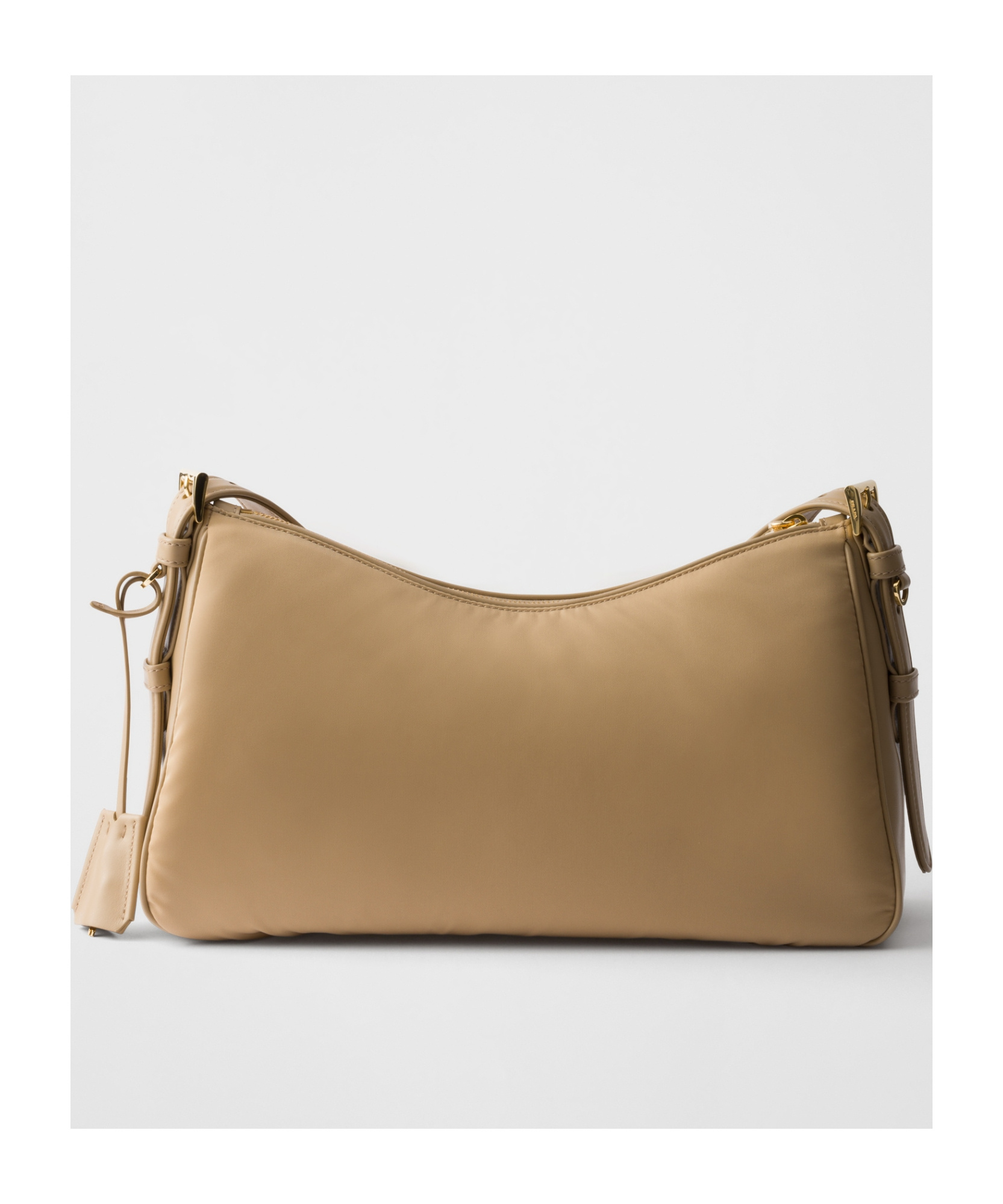 Prada Aimée Large Re-nylon And Leather Shoulder Bag With Padlock In Camel Brown