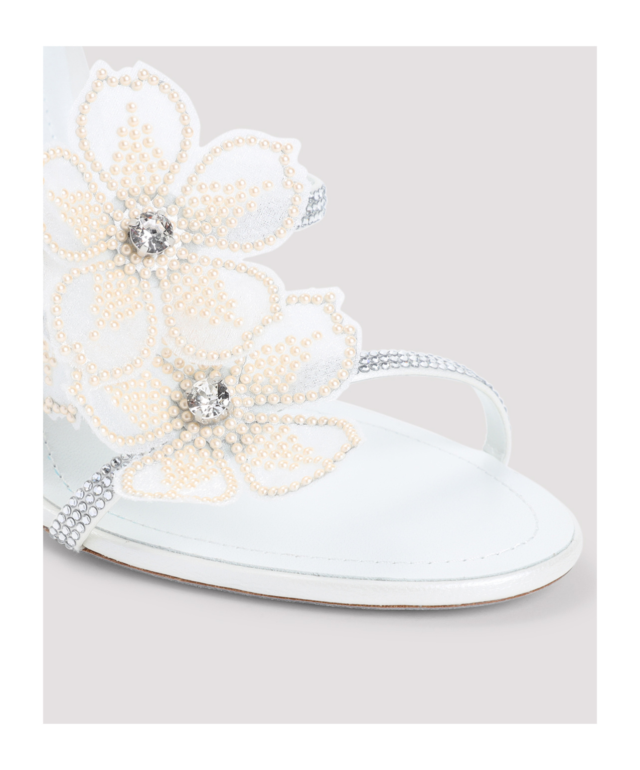 René Caovilla Leather Floral Embroidered Crystal Sandals In White