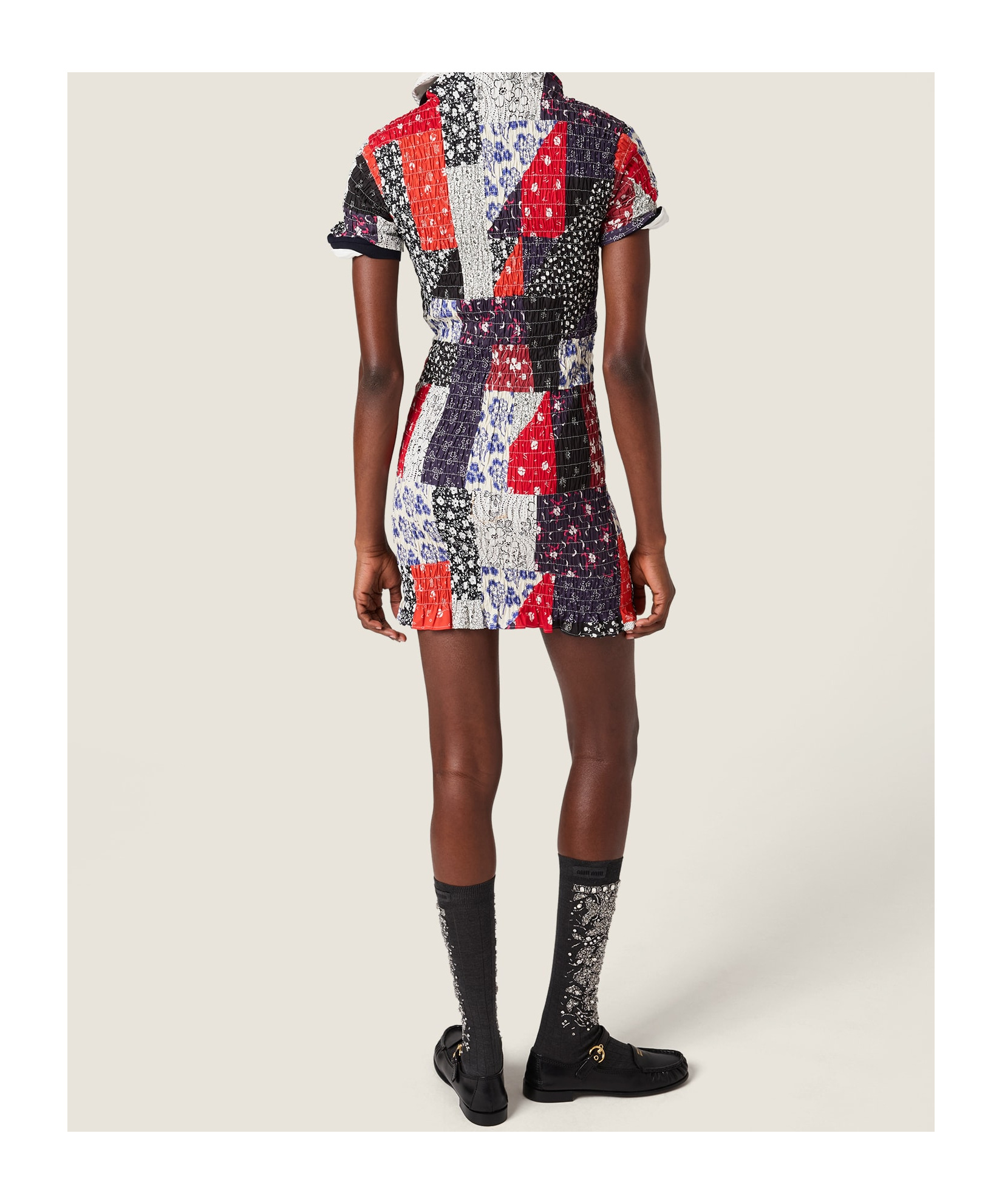 Miu Miu Patchwork Poplin Mini-dress In Black