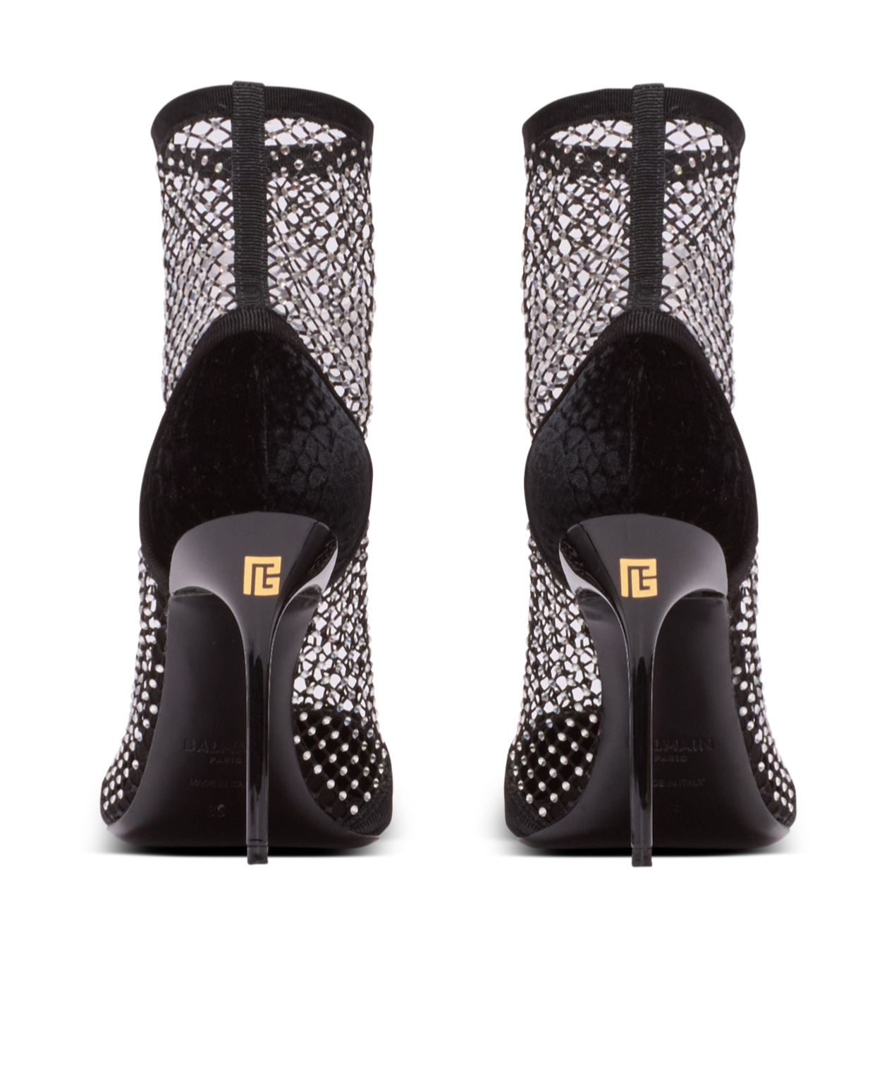 Balmain Mesh Heeled Ankle Boots With Velvet And Rhinestones In Black
