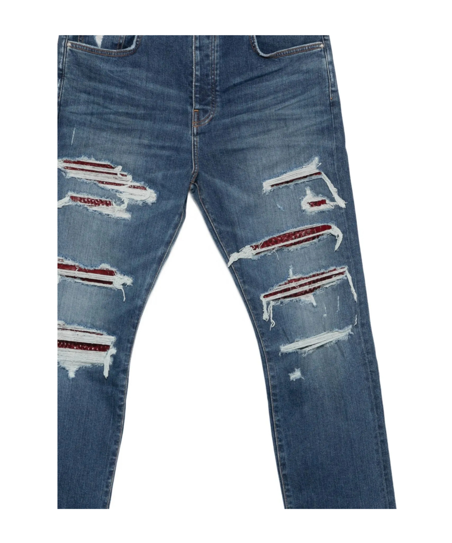 Amiri Thrasher Slim-fit Distressed Croc-effect Leather-trimmed Panelled Jeans In Blue