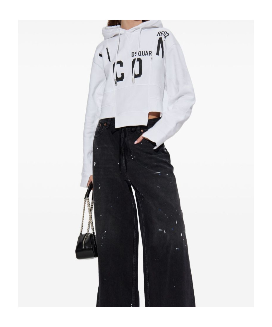 Dsquared2 Asymmetric Hem Cropped Hoodie Drawstring In White