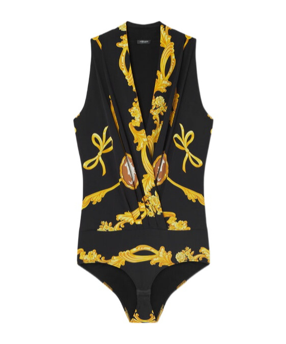 Versace Barocco-printed V-neck Bodysuit In Black
