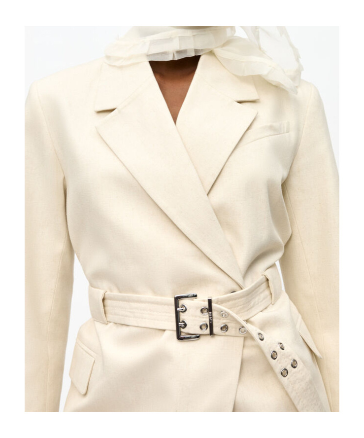 Ganni Womens Angora Tailoring Belted Cotton And Linen Blazer In White