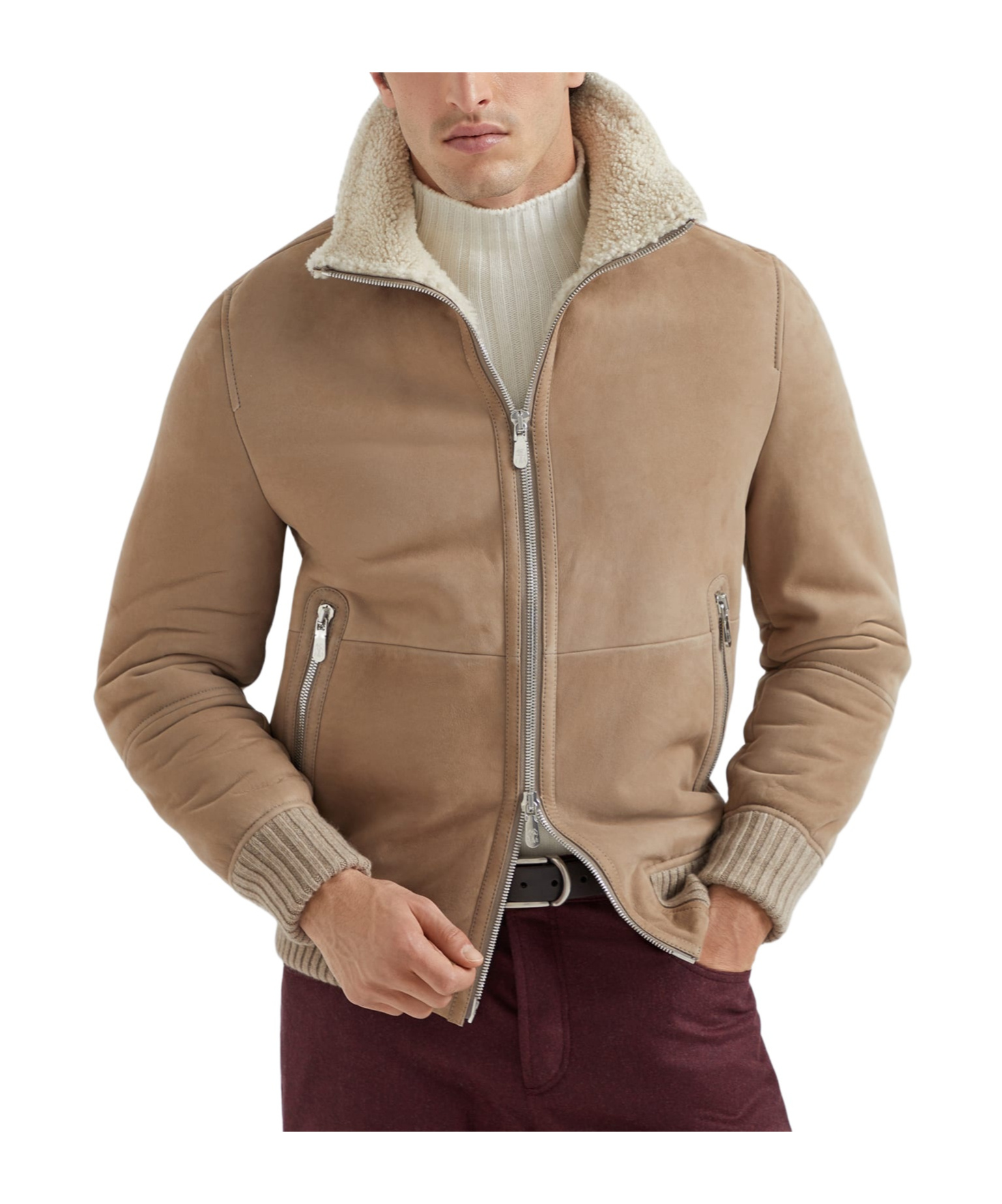 Brunello Cucinelli Bomber Jacket With Shearling Collar And Ribbed Finish In Brown