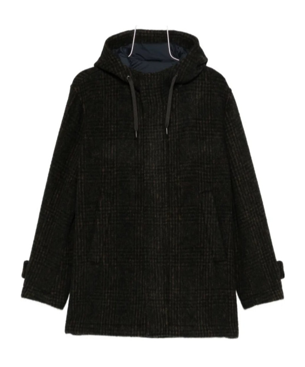 Herno Hooded-check Coat In Black