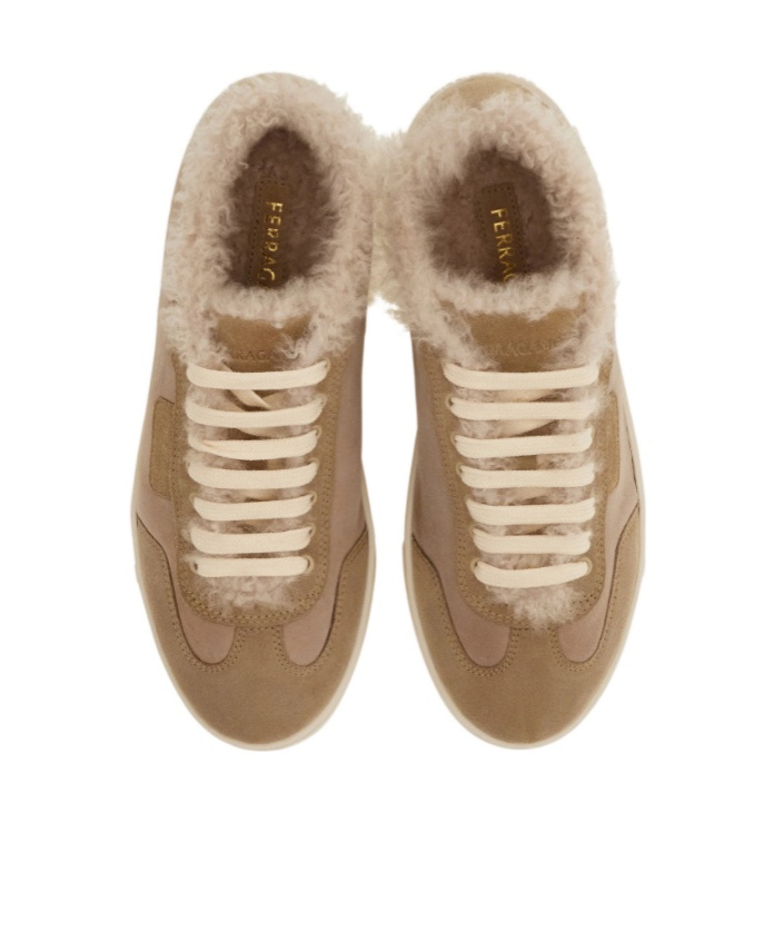 Ferragamo Low Cut Sneaker With Shearling Detail In Animal Print