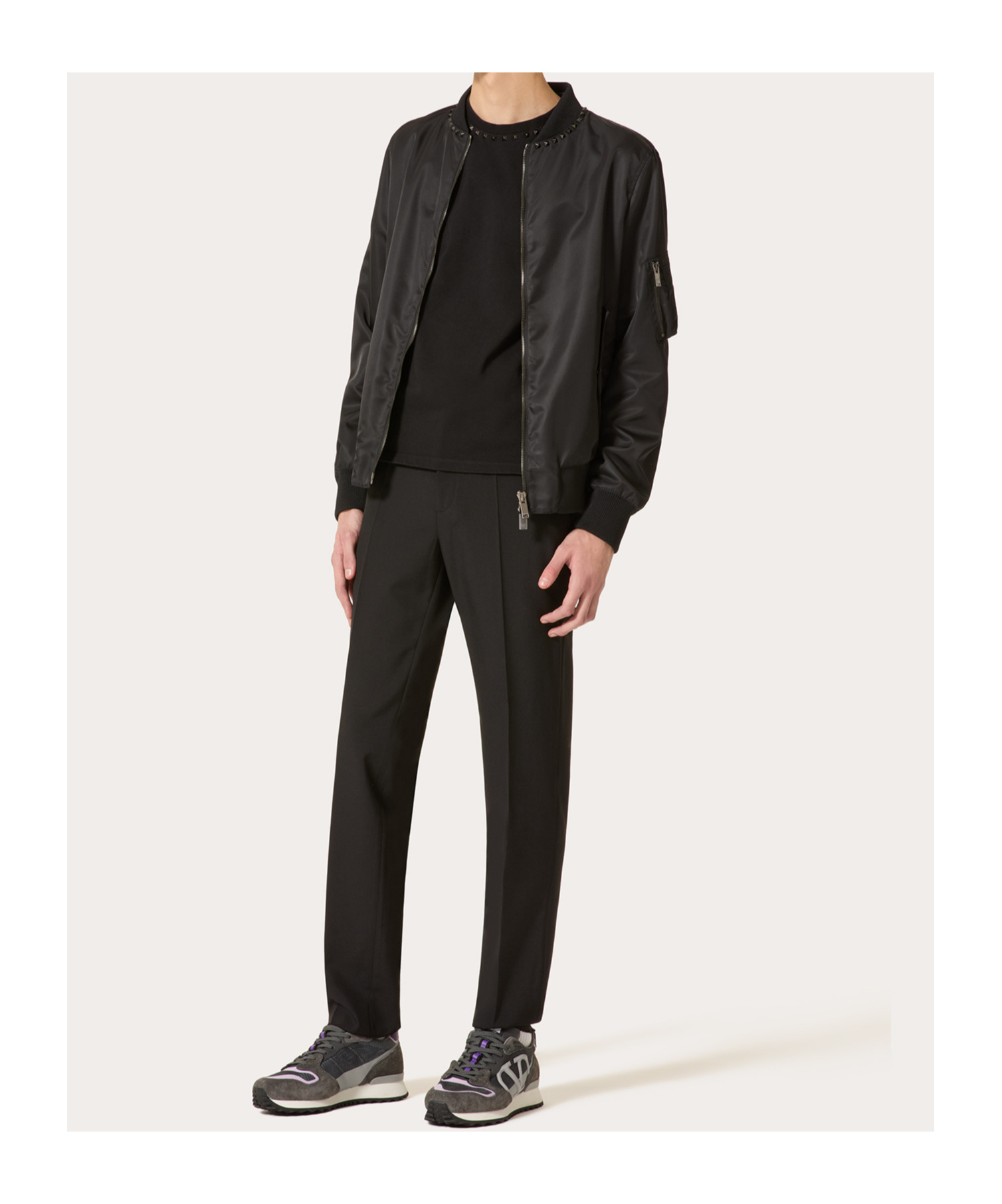 Valentino Nylon Bomber Jacket With Black Untitled Studs On The Neckline In Black