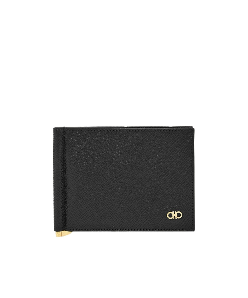 Ferragamo Gancini Bi-fold Wallet In Grained Leather In Black