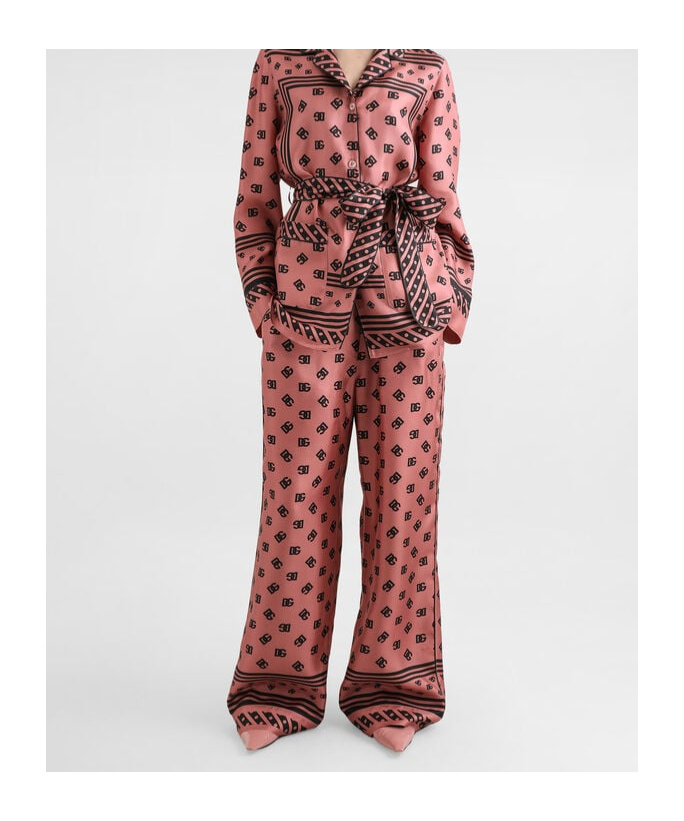 Dolce & Gabbana Silk Satin Jacquard Pajamas With Full Dg Logo In Pink