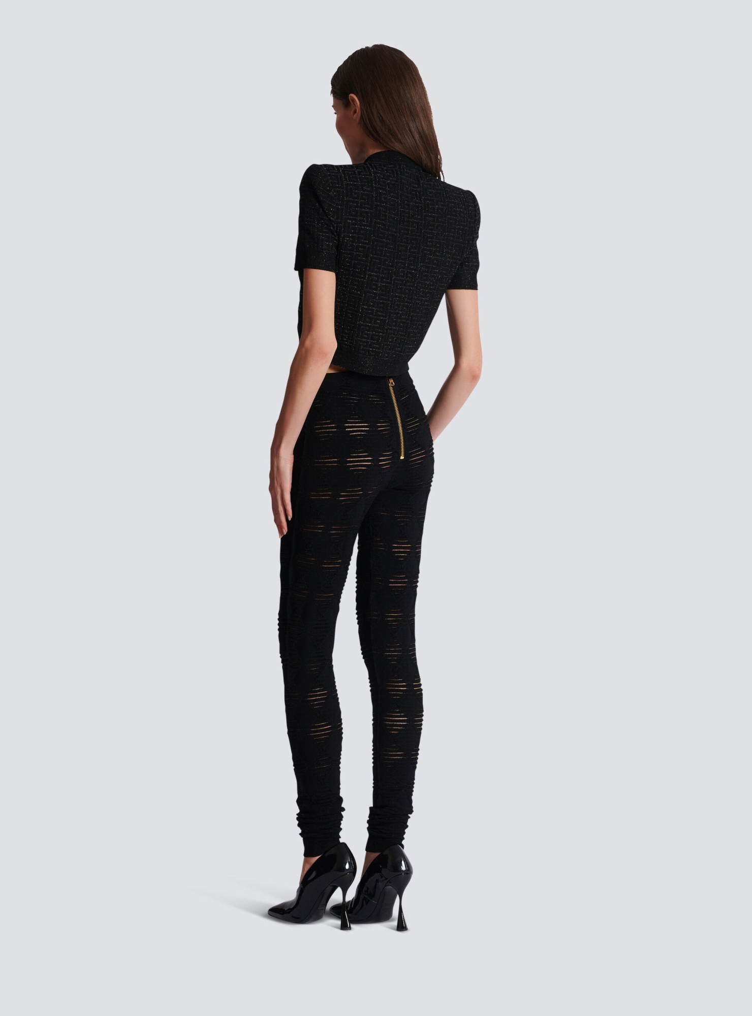 Balmain Embossed-button Open-knit Leggings In Black